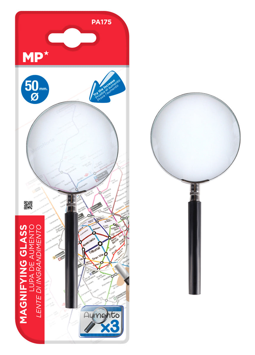 MP μεγεθυντικός φακός PA175, x3, 50mm, μεταλλικός με γυάλινο φακό, μαύρος/ασημί