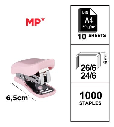 MP mini συρραπτικό PA636P με ανταλλακτικά, 24/6 - 26/6, 10 φύλλα, ροζ