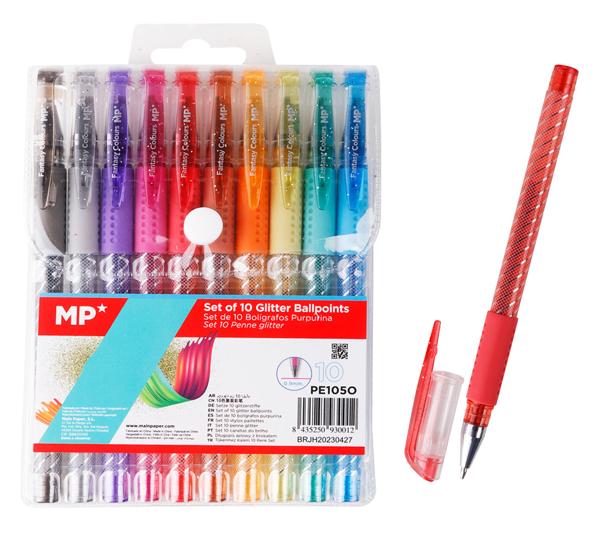 MP σετ στυλό διαρκείας ballpoint PE105O με glitter, 0.9mm, διάφορα χρώματα, 10τμχ