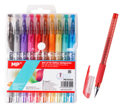 MP σετ στυλό διαρκείας ballpoint PE105O με glitter, 0.9mm, διάφορα χρώματα, 10τμχ