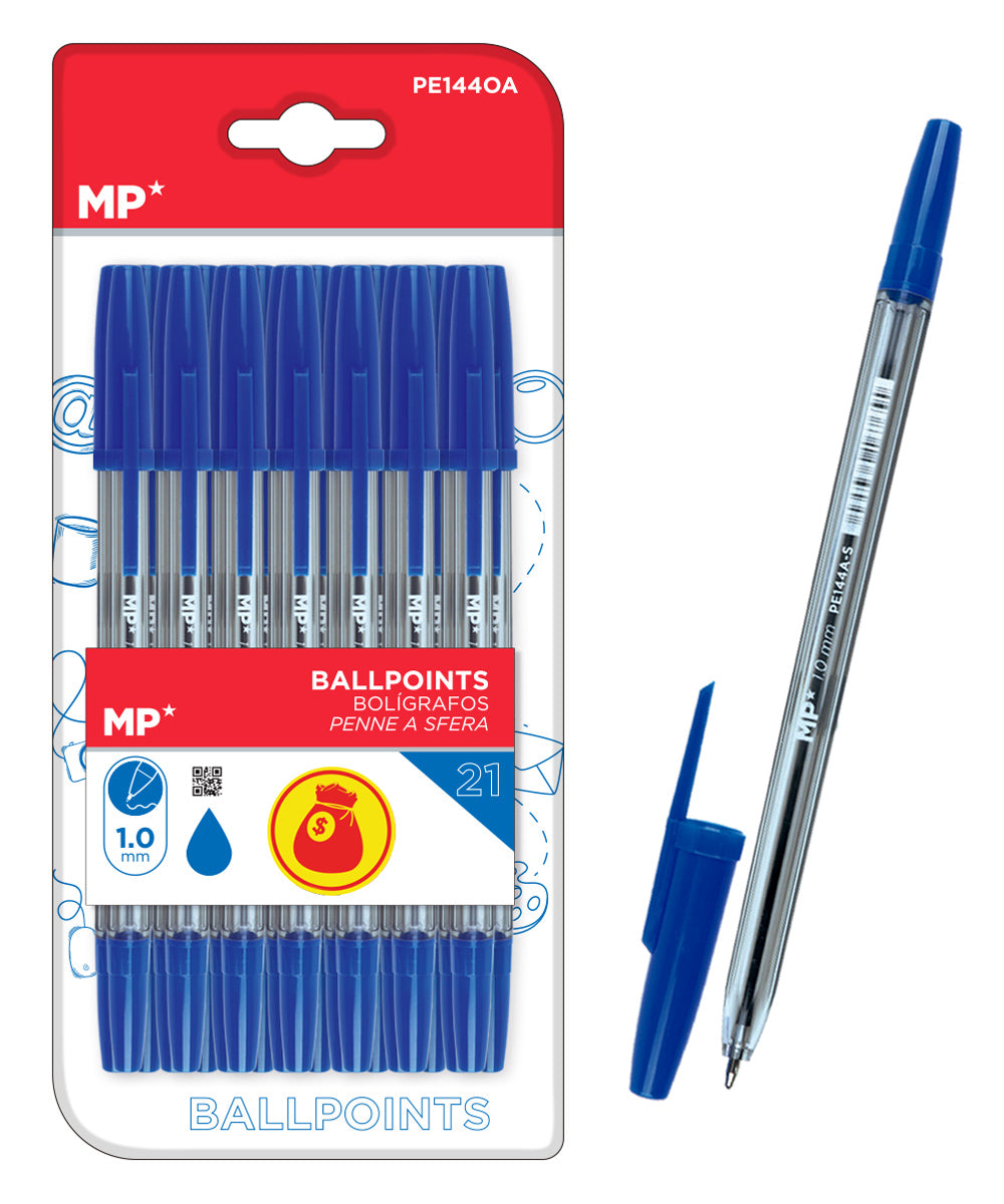 MP σετ στυλό ballpoint PE144OA, 1mm, μπλε, 21τμχ