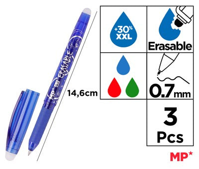 MP σετ στυλό διαρκείας PE217-1, erasable, 0.7mm, μπλε/πράσινο/κόκκινο, 3τμχ