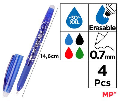 MP σετ στυλό διαρκείας PE217-2, erasable, 0.7mm, μπλε/μαύρο/πράσινο/κόκκινο, 4τμχ