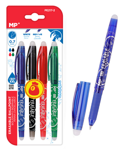 MP σετ στυλό διαρκείας PE217-2, erasable, 0.7mm, μπλε/μαύρο/πράσινο/κόκκινο, 4τμχ