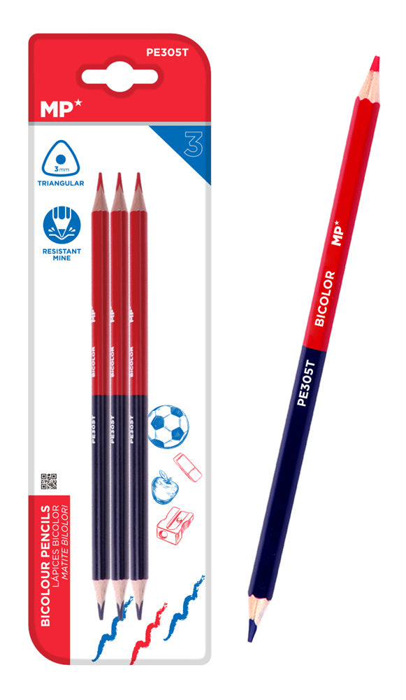 MP ξυλομπογιά με διπλή μύτη PE305T, 3mm μύτη, τρίγωνο, μπλε/κόκκινο, 3τμχ
