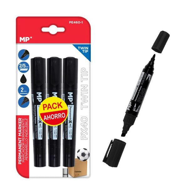 MP ανεξίτηλος μαρκαδόρος PE460-1, με 2x μύτες 2/5mm & 2mm, μαύρος, 3τμχ