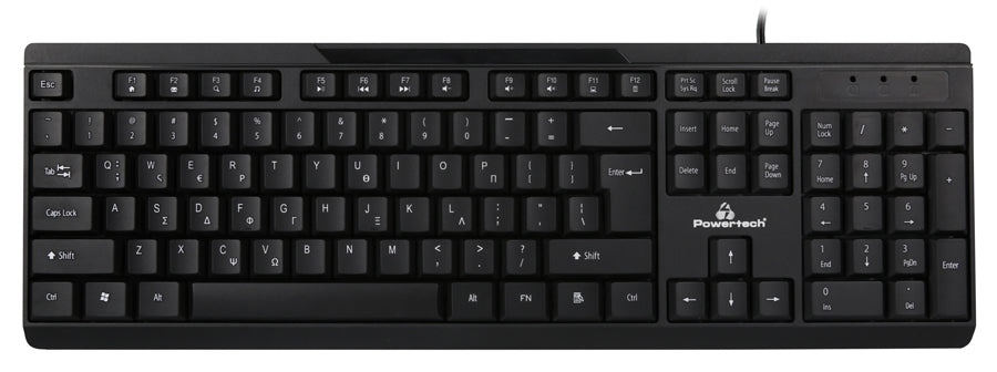 POWERTECH πληκτρολόγιο PT-1069, ενσύρματο, multimedia, EN/GR, μαύρο