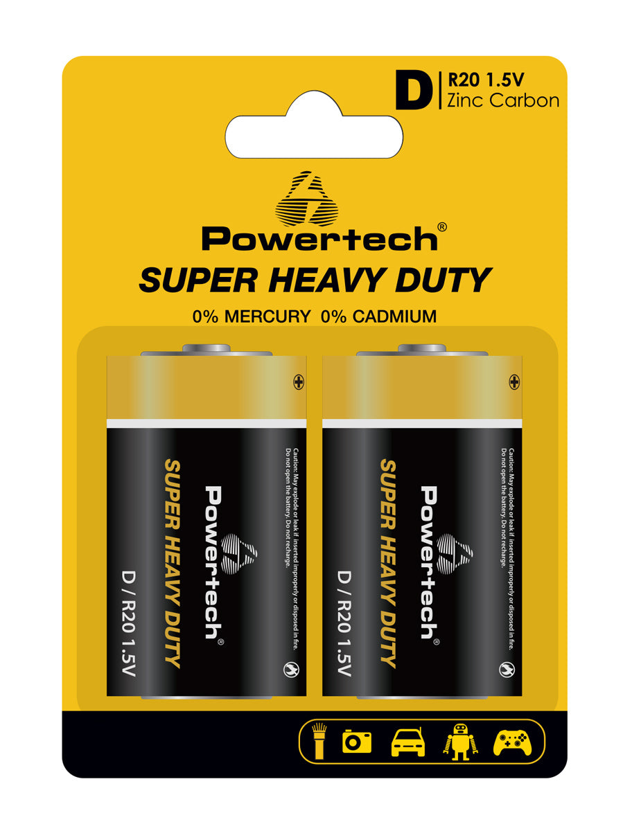 POWERTECH μπαταρίες Zinc Carbon Super Heavy Duty PT-1222, R20 1.5V, 2τμχ