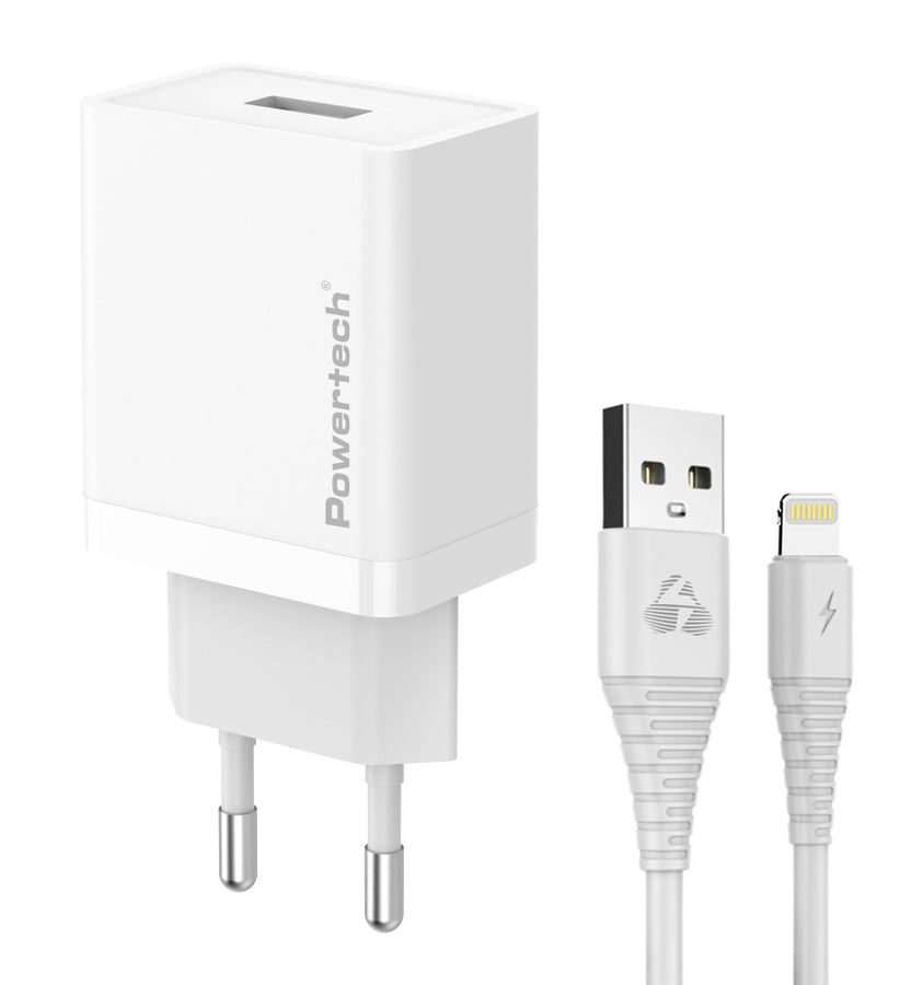 POWERTECH φορτιστής τοίχου PT-1323 με καλώδιο Lightning, USB, 12W, λευκός