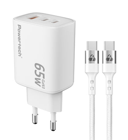 POWERTECH φορτιστής τοίχου PT-1415 με καλώδιο, USB/2x USB-C, 65W, GaN, λευκός