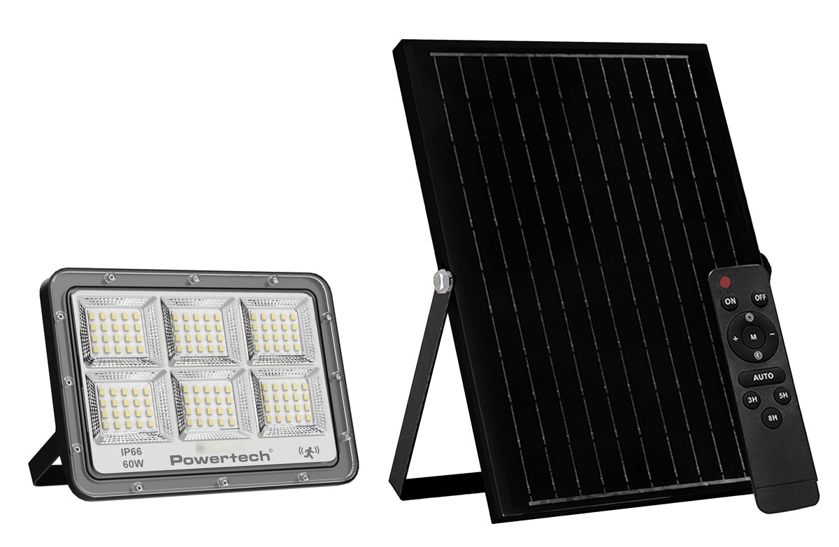 POWERTECH LED ηλιακός προβολέας PT-1456 με τηλεχειριστήριο, αισθητήρας κίνησης, 60W, 4000K, 750lm, IP66