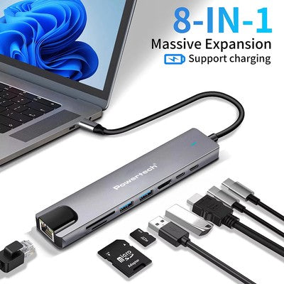 POWERTECH docking station PT-1537, 8 θυρών, USB-C σύνδεση, 100W PD, 1000Mbps, γκρι