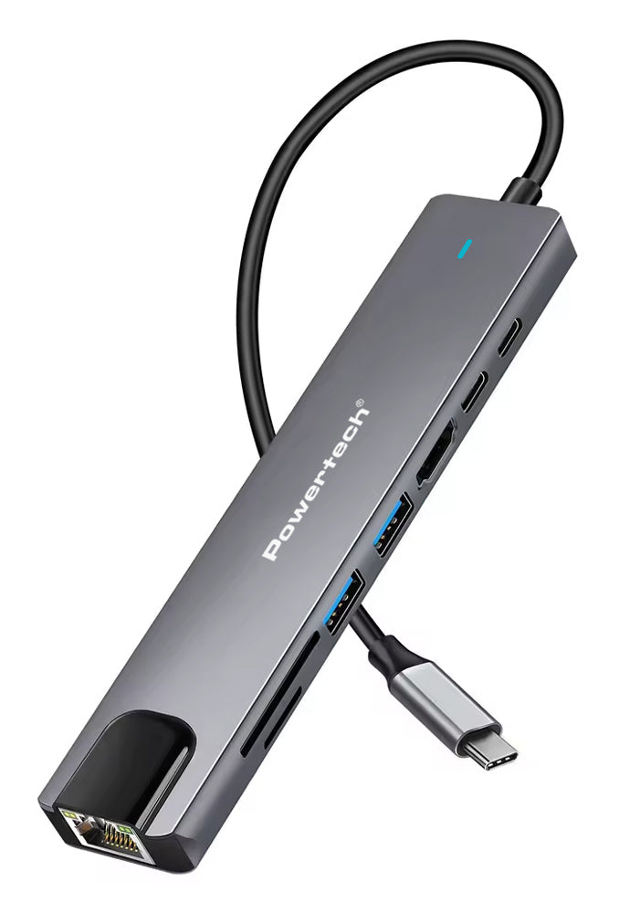 POWERTECH docking station PT-1537, 8 θυρών, USB-C σύνδεση, 100W PD, 1000Mbps, γκρι