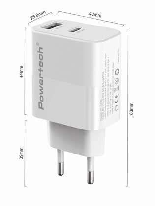 POWERTECH φορτιστής τοίχου PT-1635 με καλώδιο, USB/USB-C, 20W, λευκός