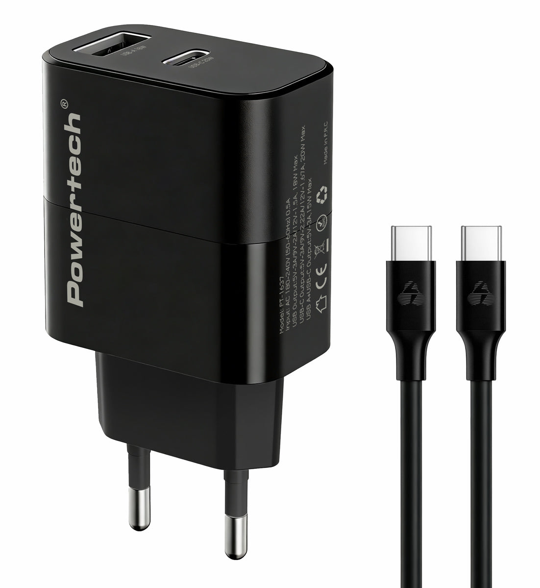 POWERTECH φορτιστής τοίχου PT-1637 με καλώδιο, USB/USB-C, 20W, μαύρος