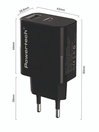 POWERTECH φορτιστής τοίχου PT-1638 με καλώδιο, USB/USB-C, 30W, GaN, μαύρος