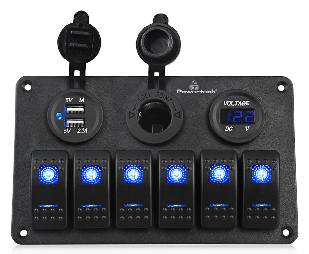 POWERTECH πάνελ σκαφών & οχημάτων PTL-020, πρίζα 12V/2x USB/6x διακόπτες