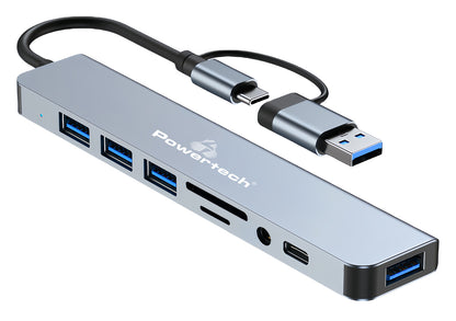 POWERTECH USB hub PTR-0151 με card reader, 8 θυρών, USB & USB-C, γκρι