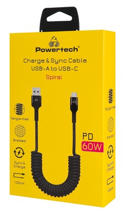 POWERTECH καλώδιο USB-C σε USB PTR-0197 με spiral καλώδιο, PD 60W, 480Mbps, 1m, μαύρο