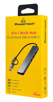 POWERTECH USB hub PTR-0205 με card reader, 8 θυρών, USB & USB-C σύνδεση, γκρι