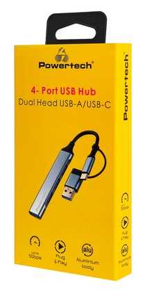 POWERTECH USB hub PTR-0206, 4x θυρών, USB 3.0, 5Gbps, USB & USB-C σύνδεση, γκρι