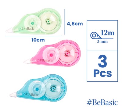 BEBASIC σετ διορθωτική ταινία S063, 5mm x 12m, μπλε/πράσινη/ροζ, 3τμχ