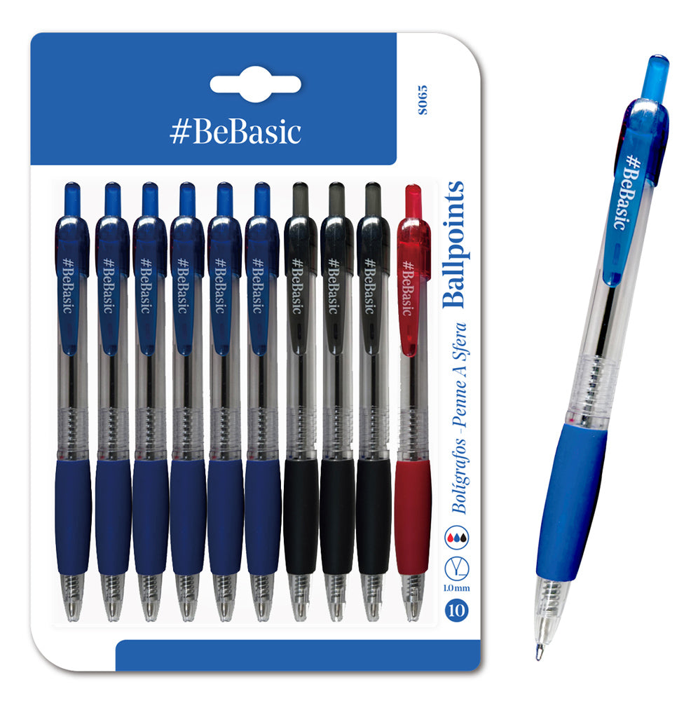 BEBASIC σετ στυλό διαρκείας ballpoint S065, 1mm μύτη, 14.5cm, μπλε/μαύρο/κόκκινο, 10τμχ