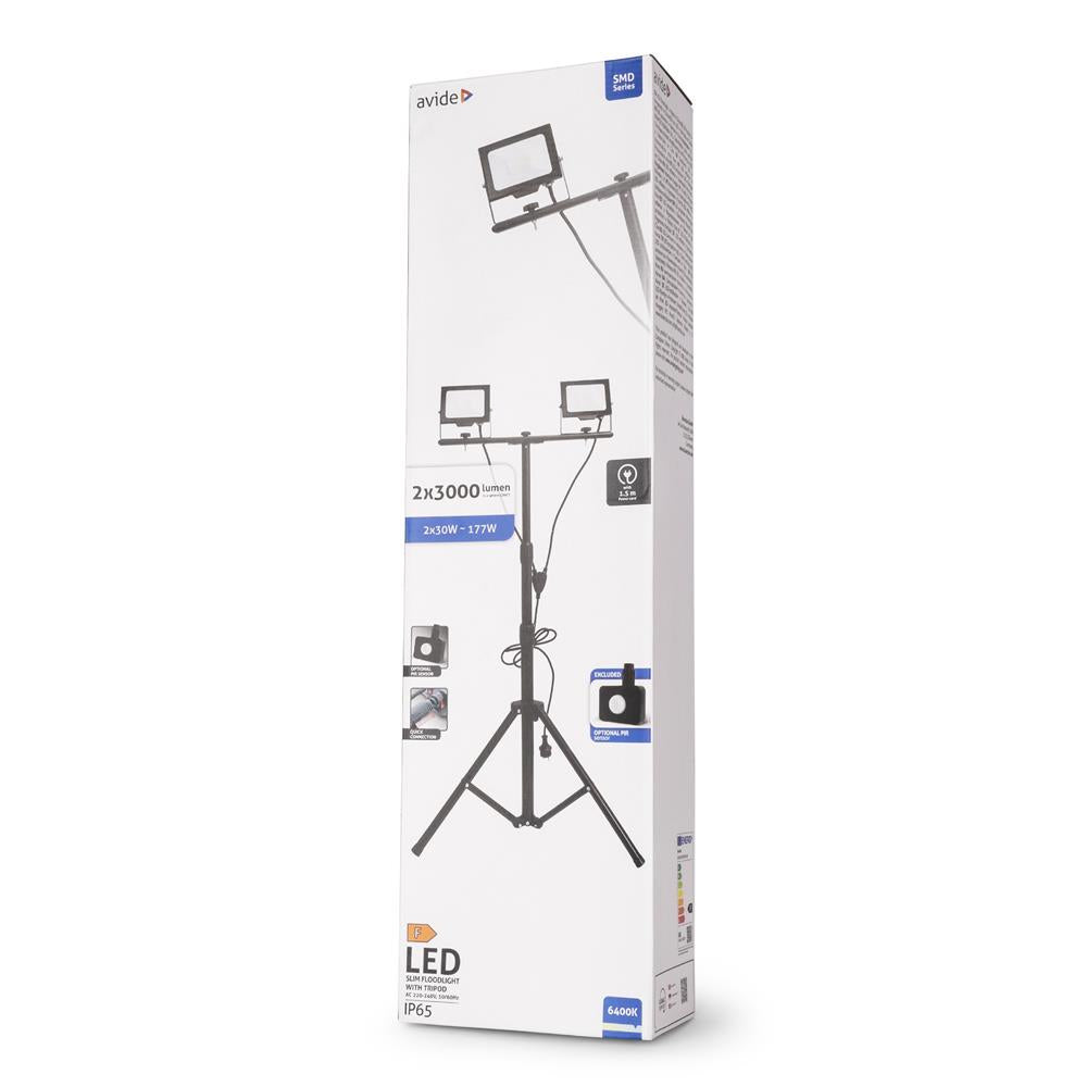 Avide LED Flood Light Slim Αισθητήρας PIR, SMD 2x30W CW 6400K 2 Κεφαλές με Τρίποδο