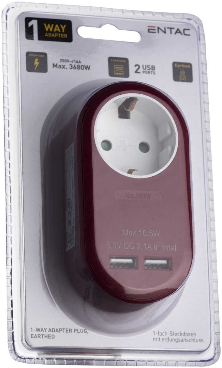 Entac Πρίζα Σούκο με 2 Θύρες USB  (total 2.1A) Μπορντό