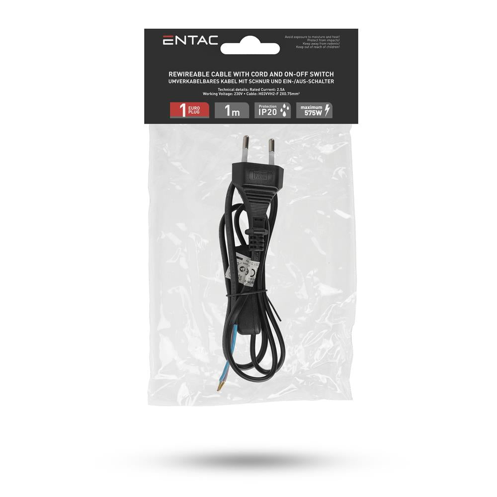 Entac Rewireable Καλώδιο 2G0.75 με Διακόπτη ON/OFF Μαύρο 1m