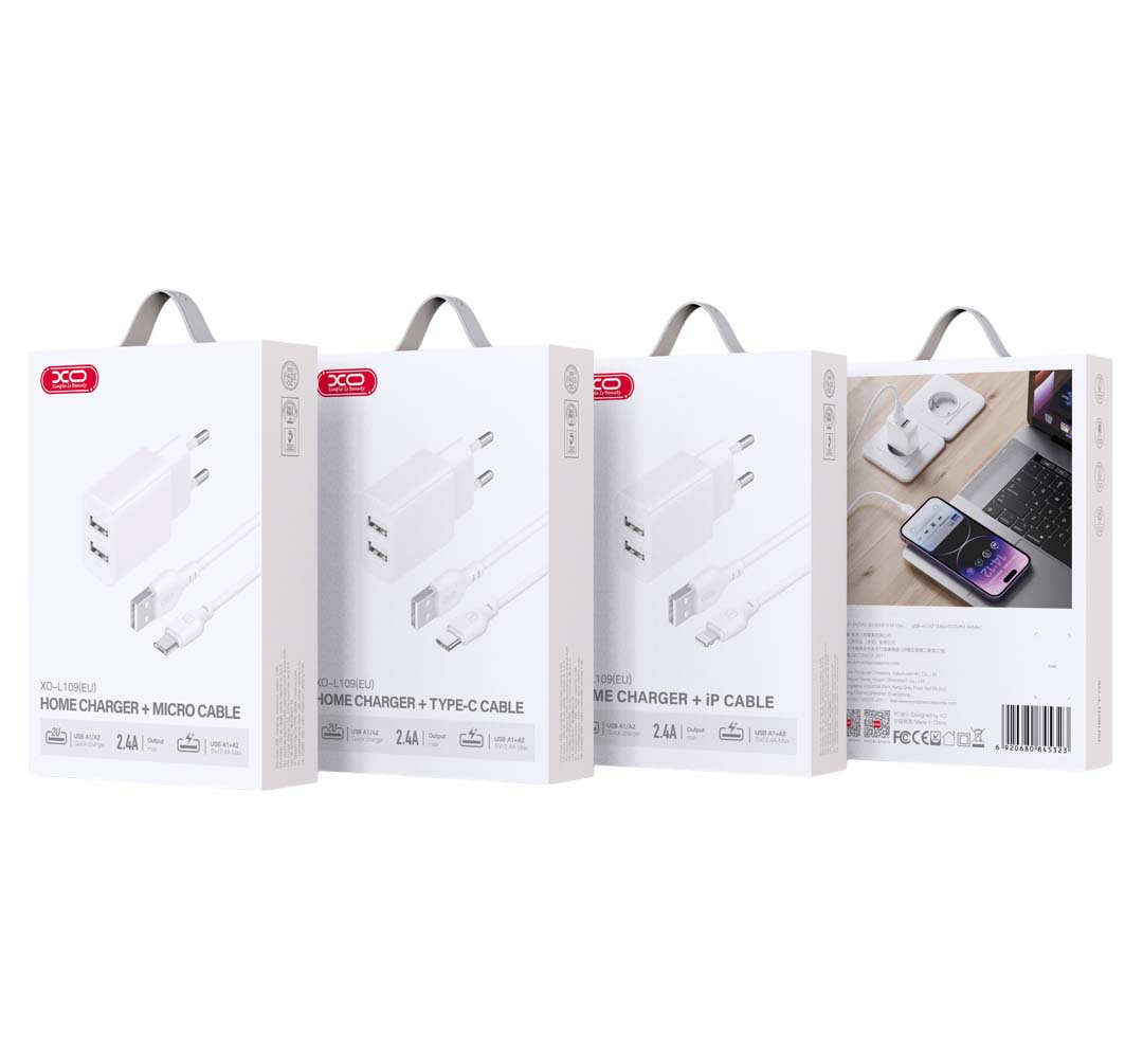 XO L109 (UK) Dual USB-A 2.4A Charger with lightning cable