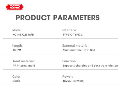 XO NB-Q264B Type-c to Type-c 240W High Power Data Cable 2m