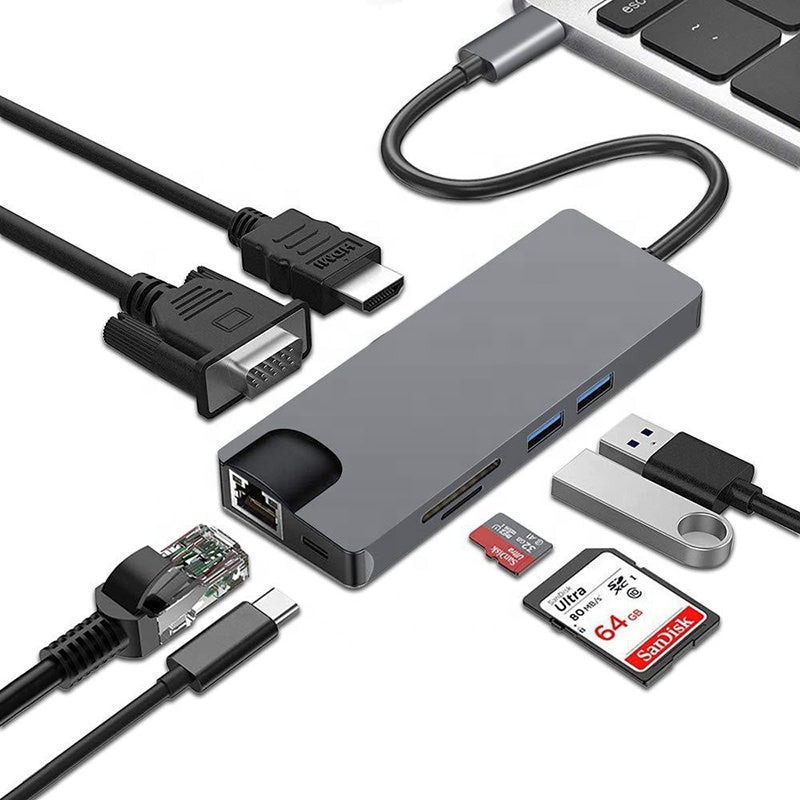Μετατροπέας 8in1 USB C hub RJ45 HDMI USBx2 VGA SD TF USB3.0x2