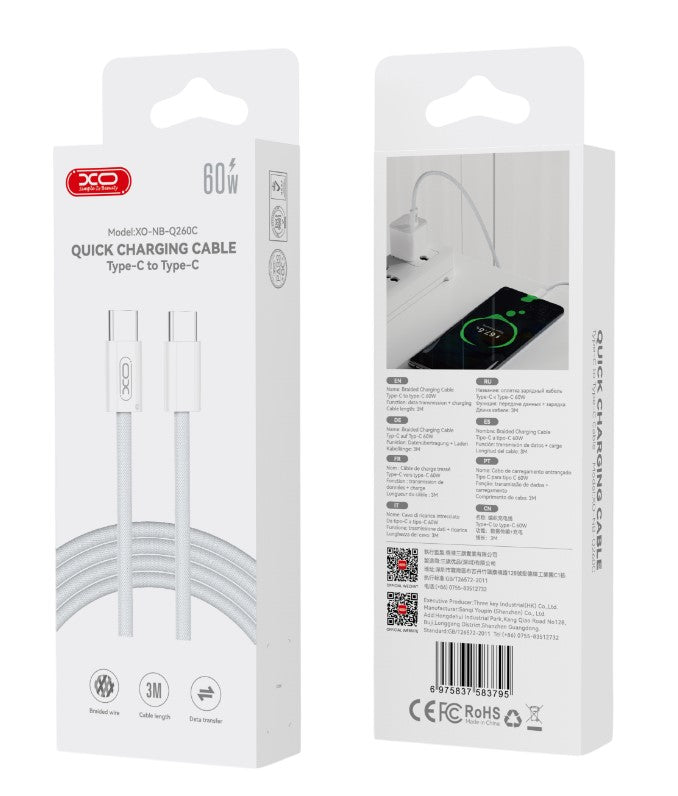 XO NB-Q260C Type-C σε Type-C 60W 3m Καλώδιο Δεδομένων