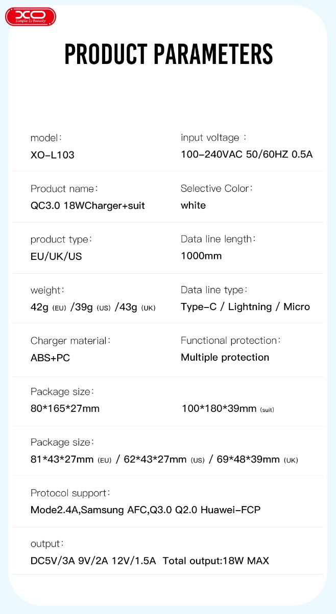 XO L103 (UK) QC3.0 18W Φορτιστής με Καλώδιο TYPE-C (NB103)