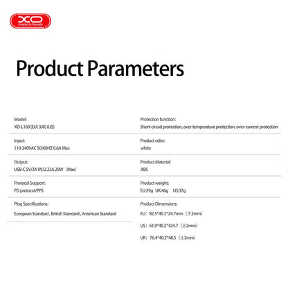 XO L160(EU) Φορτιστής Γρήγορης Φόρτισης 20W 1USB-C