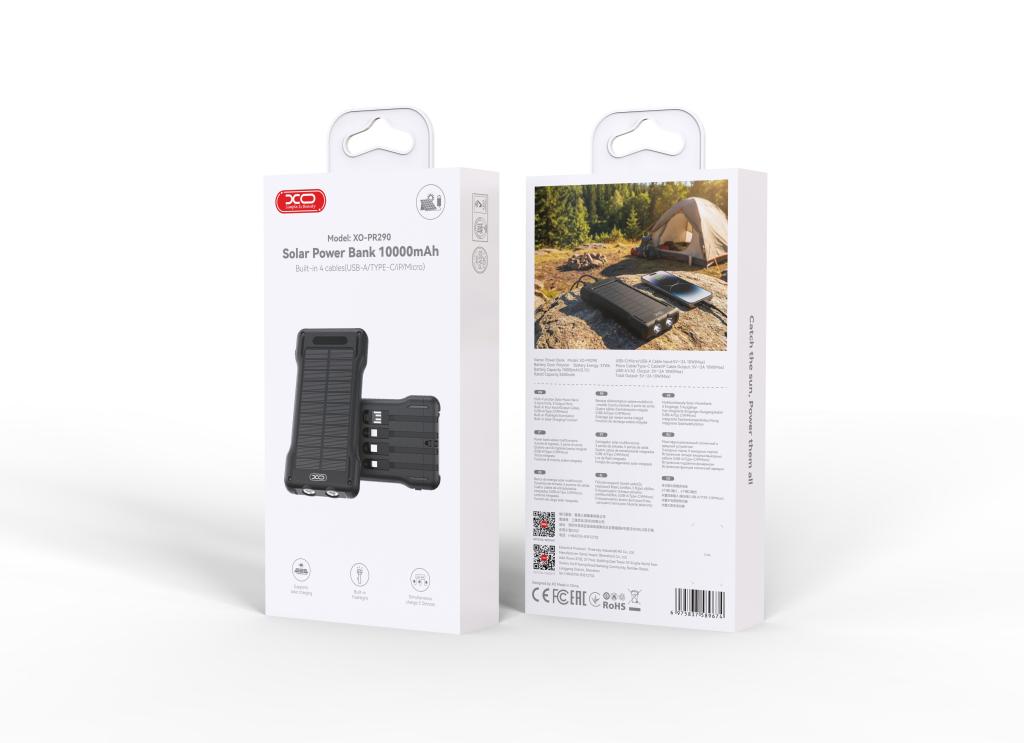 XO PR290 Solar Power Bank 10000mAh με 4 Eνσωματωμένα Καλώδια