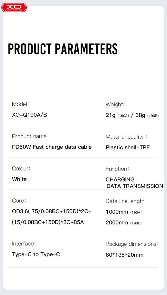 XO NB-Q190A 60W Καλώδιο Φόρτισης + Data Type-C σε Type-C 1m