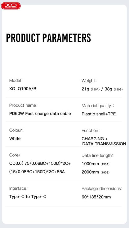 XO NB-Q190A 60W Καλώδιο Φόρτισης + Data Type-C σε Type-C 1m