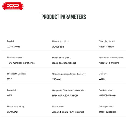 XO T2 Pods Bluetooth Ακουστικά 2ης Γενιάς