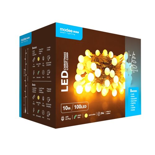 Modee Lighting Χριστουγεννιάτικα Λαμπάκια LED Τύπου Berry με Τροφοδοτικό (100LED/10m/10cm) Θερμό Λευκό