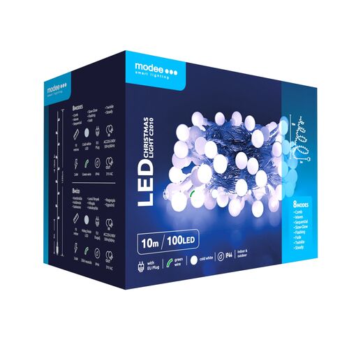 Modee Lighting Χριστουγεννιάτικα Λαμπάκια LED Τύπου Berry με Τροφοδοτικό (100LED/10m/10cm) Ψυχρό Λευκό
