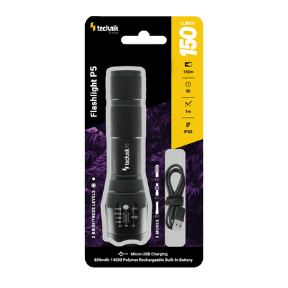 Technik Φακός P5 (+1x14500 800mAh) XPE LED με Καλώδιο Micro USB 150lm