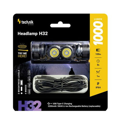 Technik Φακός Κεφαλής H32 με Μπαταρία 1x18650 OSRAM P9 & USB-C 1000lm