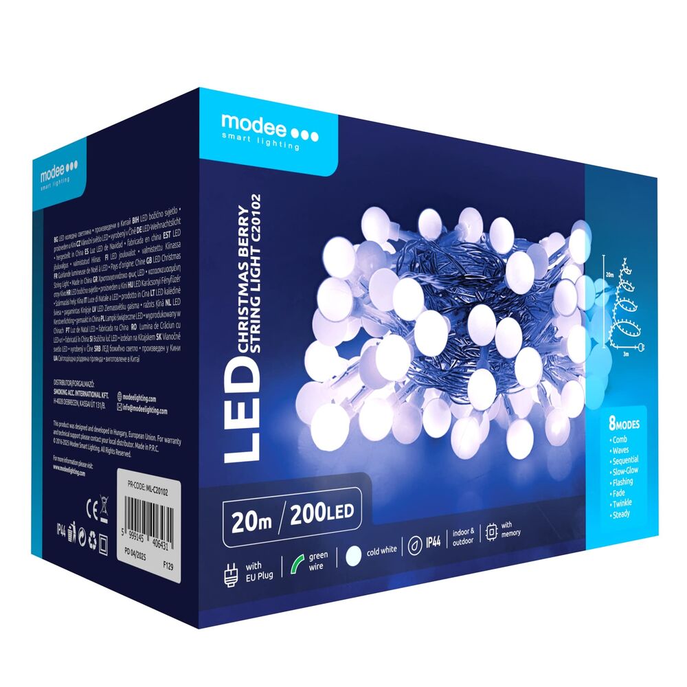 Modee Χριστουγεννιάτικα Λαμπάκια LED Τυπού Berry με Βύσμα (200LED/20m/10cm) Ψυχρό Λευκό