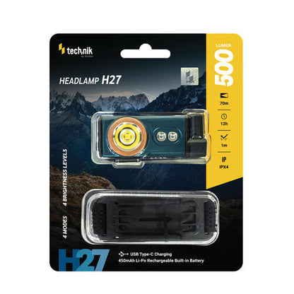 Technik H27 Επαναφορτιζόμενος Φακός Κεφαλής LED USB Type-C IPX4 500 lm