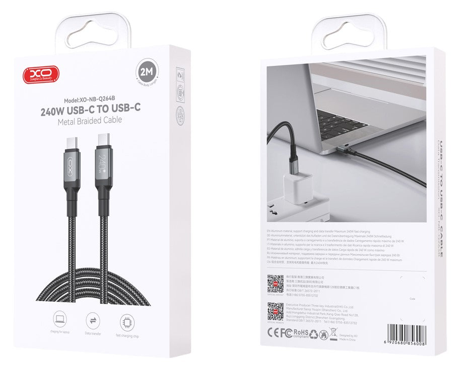 XO NB-Q264B Type-c to Type-c 240W High Power Data Cable 2m