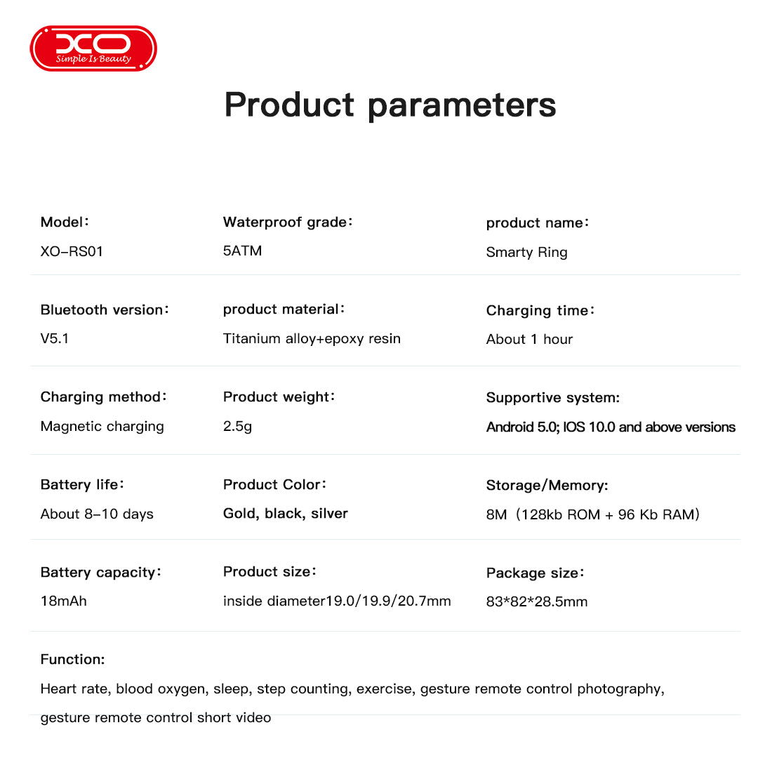 XO RS01 Smart Δαχτυλίδι Μέγεθος 10 Μαύρο