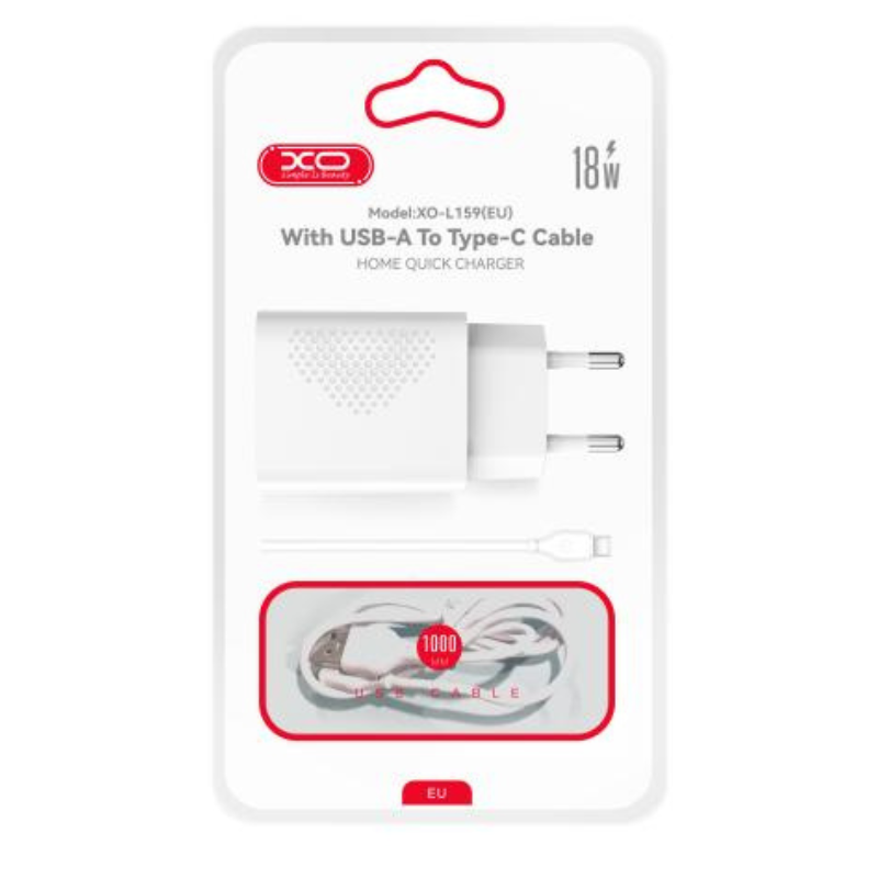 XO L159 QC 18W Φορτιστής Γρήγορης Φόρτισης USB-A με Καλώδιο Type-C