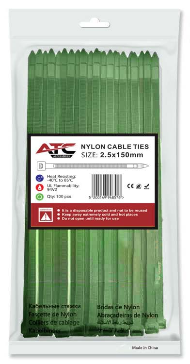 ATC Δεματικά 2.5x150mm Νάιλον Πράσινο 100τμχ Σακουλάκι
